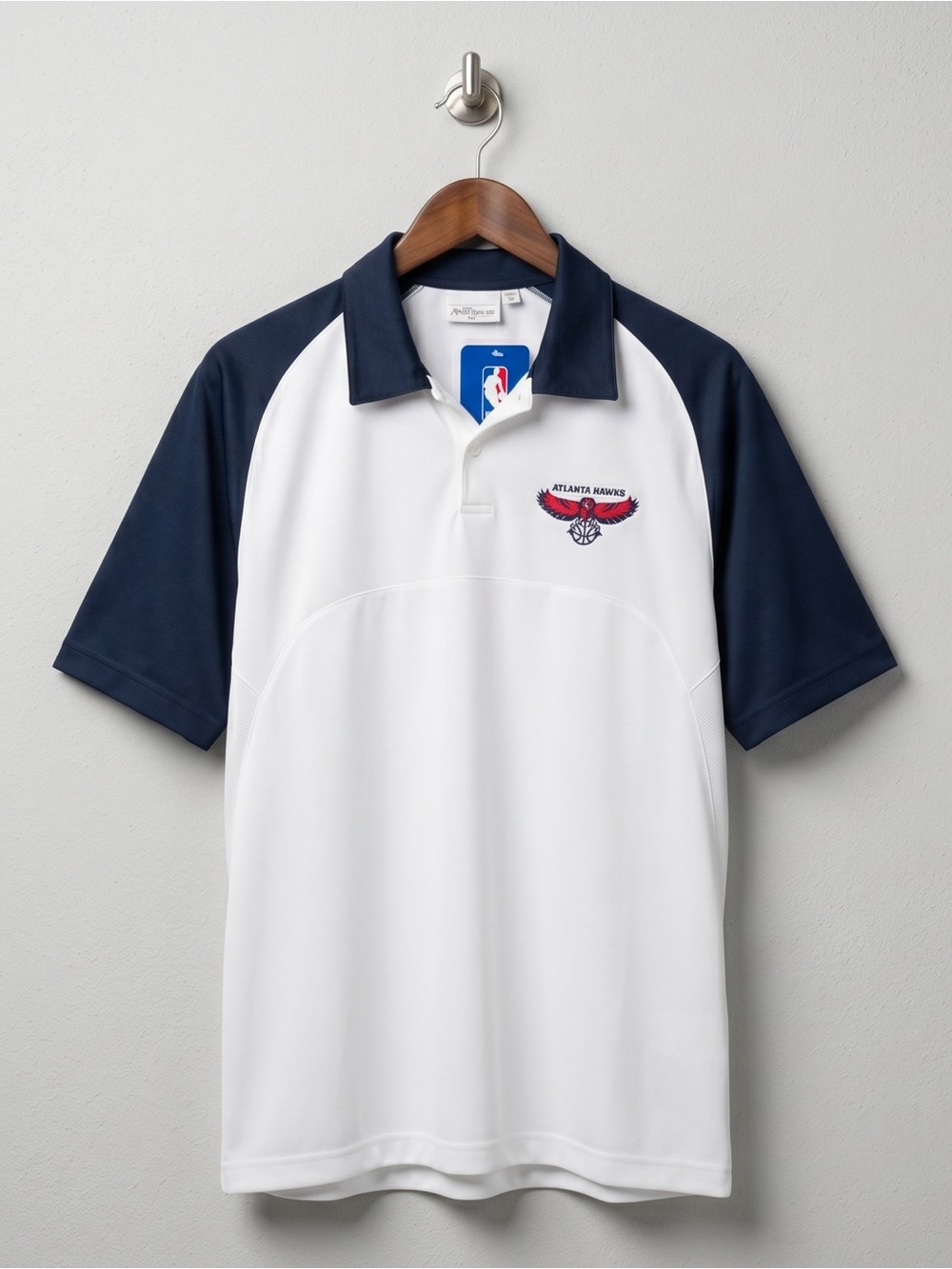 NBA Atlanta Hawks Navy & White Raglan Polo w Desert Dry Technology Antigua NWT